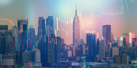 forex chart on cityscape with skyscrapers wallpaper double exposure. financial research concept.