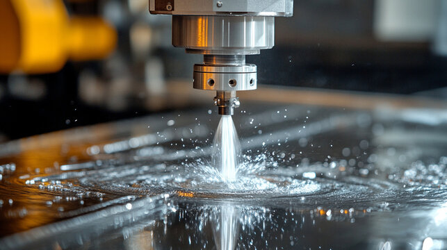 Close-up of CNC water jet machine cutting metal, showcasing precision engineering industrial manufacturing and high-tech metal fabrication for automotive and machinery parts.

