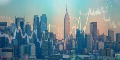 forex chart on cityscape with skyscrapers wallpaper double exposure. financial research concept.