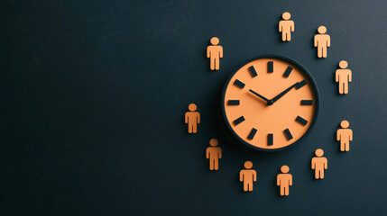 Wall clock with orange figures representing people arranged as hour markers on a black background, symbolizing time management or teamwork.