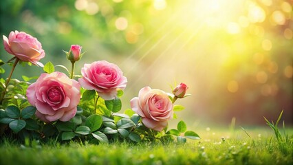 Radiant pink roses bathed in sunlight, flourishing amidst lush green grass in a vibrant garden