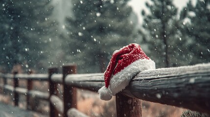 Snowy Christmas Santa Hat on Rustic Fence with Falling Snow in Woods