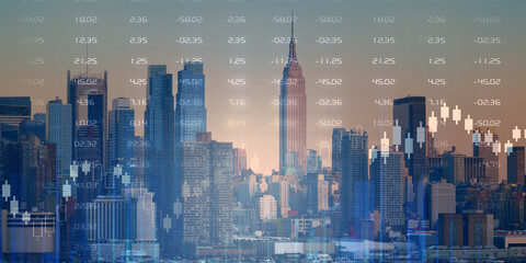forex chart on cityscape with skyscrapers wallpaper double exposure. financial research concept.