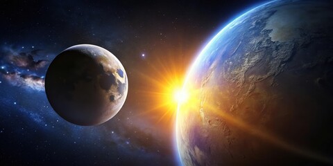 A celestial sunrise illuminates a planet's surface, while a neighboring celestial body orbits in the cosmic expanse, a breathtaking view of the universe's grandeur.