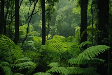 Fototapeta premium Explore the lush tropical forest of Tasmania filled with vibrant ferns and towering trees, Tropical forest of Tasmania Australia Ferns vegetation