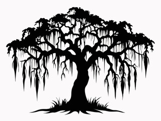 Spanish moss draping from live oak tree silhouette vector illustration
