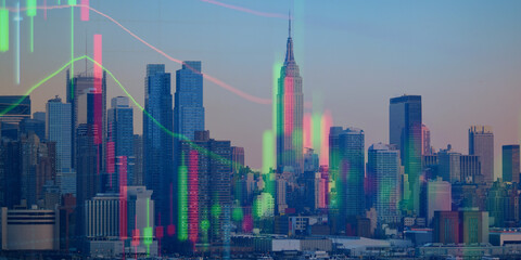 forex chart on cityscape with skyscrapers wallpaper double exposure. financial research concept.