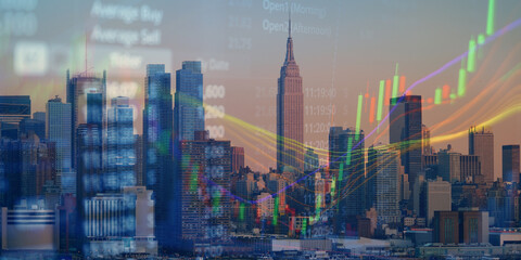 forex chart on cityscape with skyscrapers wallpaper double exposure. financial research concept.
