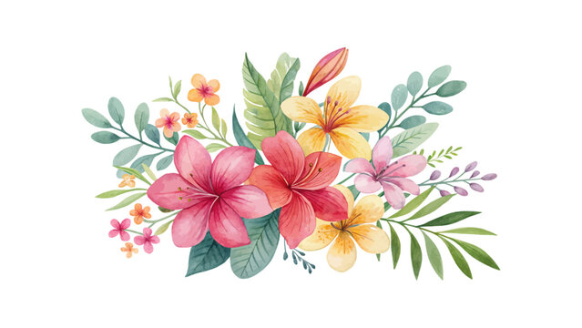 Beautiful and colorful watercolor illustration featuring roses, tulips, daisies and greenery on white background, perfect for cards, invitations and fabric designs