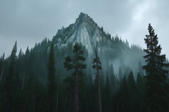 Mountain peak shrouded in mist and forest - Powered by Adobe