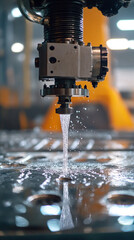 Close-up of CNC water jet machine cutting metal, showcasing precision engineering industrial manufacturing and high-tech metal fabrication for automotive and machinery parts.

