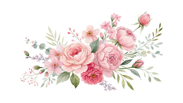 Pink watercolor floral design on white background with botanical decorative elements perfect for wedding cards, fabric patterns, and stylish logo compositions with elegance and softness