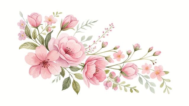Romantic pink watercolor floral wedding illustration on white background featuring delicate blossoms, elegant leaves, and soft textures perfect for design elements