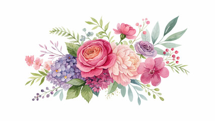 Romantic watercolor pink rose flower and leaf bouquet featuring borders, wreaths, and frames for wedding, birthday, and greeting card decoration