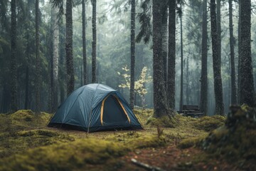 Colorful tent set up in a misty forest surrounded by tall trees and soft mossy ground, tent in the forest
