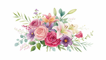 Beautiful watercolor spring flowers collection featuring vibrant blooms and foliage on white background, ideal for wedding and seasonal illustration