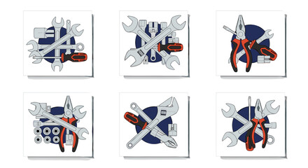 Fototapeta premium Collection of six cards displaying various arrangements of tools such as wrenches and pliers on white