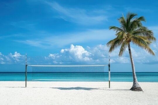 Tropical beach volleyball court ready for games along a pristine shoreline under a clear blue sky, Tropical beach volleyball court with no players, blue sky, and palm tree