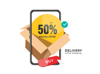 yellow circular promotion sign with text special offer 50% off is placed in a parcel box or cardboard box and has a buy button below for customers to order online, vector 3d for online shopping