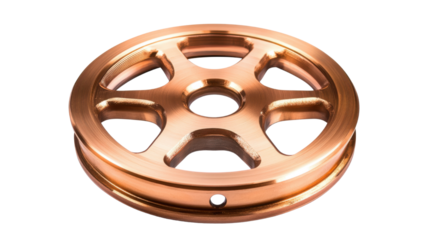 Shiny copper wheel component used for industrial machinery and mechanical systems isolated on white background
