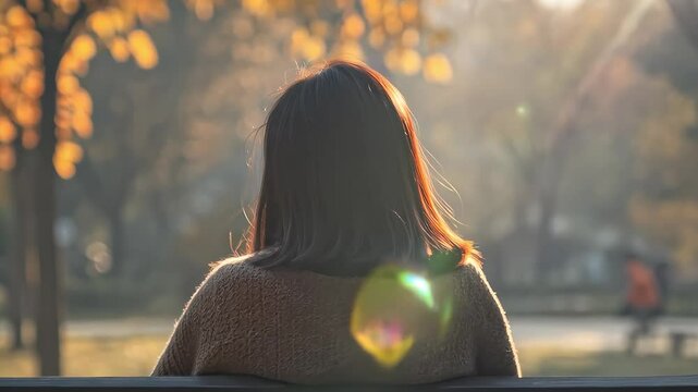 Quiet woman sitting alone on a park bench in autumn