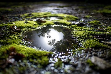Fototapeta premium Tree Reflection in Puddle Surrounded by Mossy Ground Nature's Mirror, Forest Floor Details