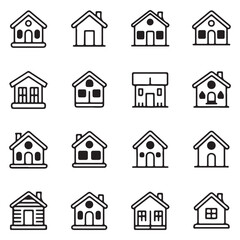 Collection home icons. House symbol. Set of real estate objects and houses black icons isolated on white background. Vector illustration.