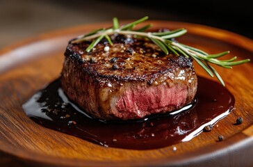 Medium-rare steak on oak wood plate with rosemary garnish, glossy sauce,