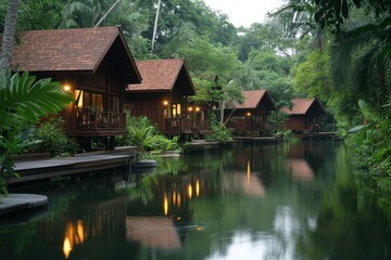 Fototapeta premium Wooden houses on stilts reflect in calm river at twilight near lush tropical vegetation, Traditional wooden houses on stilts along a calm river in a tropical forest