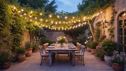 Charming evening dinner party outdoor garden event setup cozy atmosphere wide angle relaxation vibes