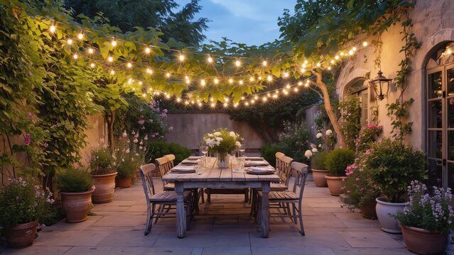 Charming evening dinner party outdoor garden event setup cozy atmosphere wide angle relaxation vibes