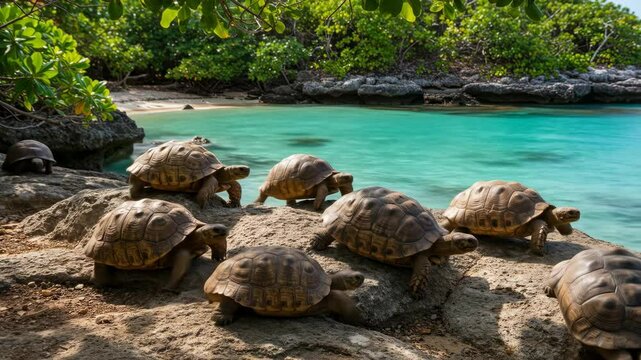 Group of Tortoises Walking near Turquoise Water on Beach