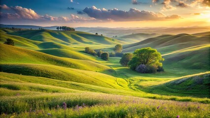 Obraz premium Serene Sunset Over Rolling Green Hills, Bathed in Golden Light, a Tranquil Pastoral Landscape with Lush Meadows and Scattered Trees