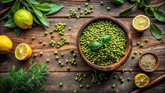 Aromatic bowl of vibrant green peas nestled amongst citrus fruits and fresh herbs on a rustic wooden surface - Powered by Adobe