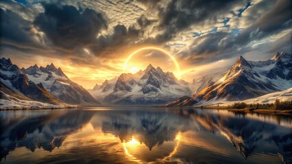 Beautiful nature landscape with colorful sky at sunset or sunrise over mountains and lake