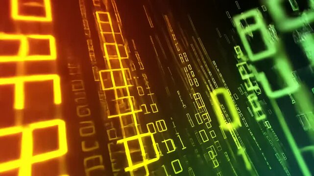 Abstract digital background with flowing binary code in vibrant colors representing technology and data