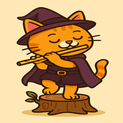 A charming cartoon cat gracefully plays a flute while standing on a tree stump, wearing a wizard hat and cloak, exuding a whimsical and funky aura.
