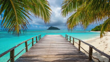 Relaxing of a tropical beach with pier and island nature peaceful environment coastal perspective