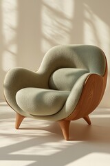 A high-end Scandinavian-style chair with solid oak legs and a soft sage green curved fabric cushion, striking a gradient background.