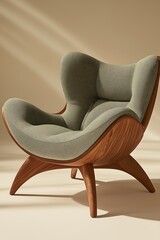 A high-end Scandinavian-style chair with solid oak legs and a soft sage green curved fabric cushion, striking a gradient background.