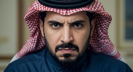 Portrait of a Serious Man in Traditional Saudi Clothing