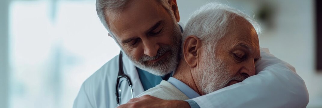 Elderly doctor hugging patient in a clinic, a comforting and caring scene of a senior male medical professional with his elderly male patient.