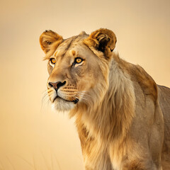 Majestic Lioness Portrait with Intense Gaze Against a Soft Golden Background Capturing the Essence of African Wildlife and Natural Beauty Powerful and Regal