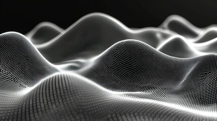 Naklejka premium Abstract digital landscape of undulating, interconnected points. A grayscale, smooth, wave-like pattern of dots creating a textured surface