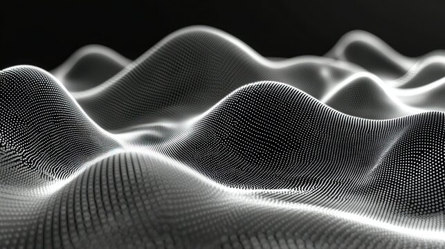 Abstract digital landscape of undulating, interconnected points.  A grayscale,  smooth,  wave-like pattern of  dots creating a textured surface