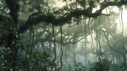 A misty jungle with a hidden waterfall in background

