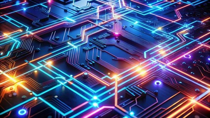 Abstract Futuristic Circuit Board with Vibrant Neon Pathways and Glowing Nodes Representing Advanced Technological Connections