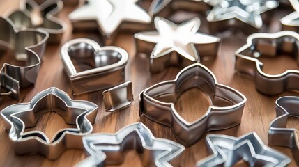 Close up of metal cookie cutters in various shapes on a wooden surface for baking prep work