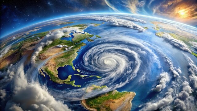 A Powerful Cyclone's Fury Over Coastal Regions, Seen From a High-Altitude Perspective, Showing the Immense Scale of the Storm and its Impact on the Surrounding Landmasses and Ocean.