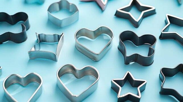 Assorted metal cookie cutters arranged on a light blue surface in a flat lay composition style view